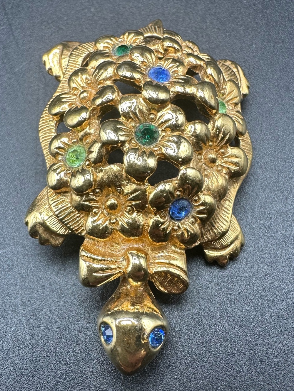 Vintage Avon Gold-Tone Turtle Brooch with Blue & Green Rhinestones Floral